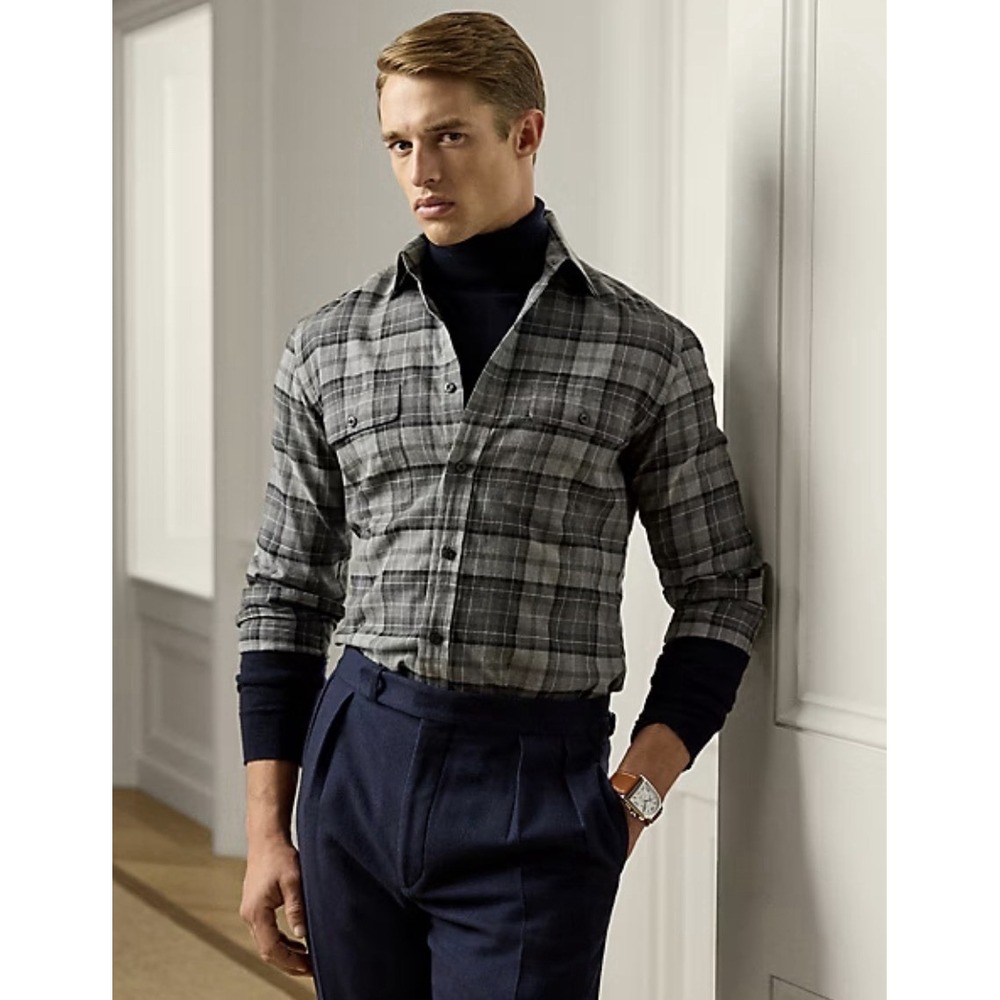 Ralph‎ Lauren Purple Label Plaid Twill Shirt Men XL Grey Long Sleeve NWT $495